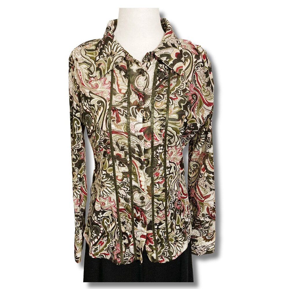 RICKI'S Green red cream paisley mesh long sleeve blouse ~ MEDIUM LARGE shirt